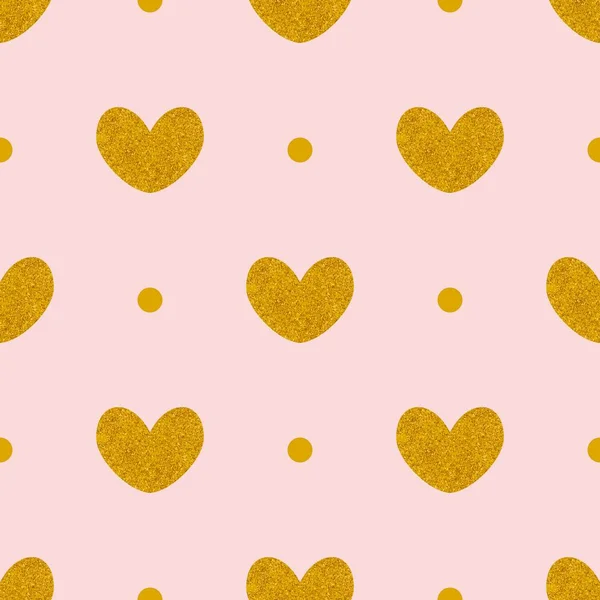 Dlaždice vektorový vzor se zlatými srdci a puntíky polka na pastelové růžové pozadí — Stockový vektor