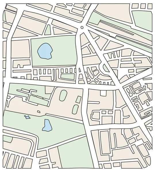 Ilustrasi vektor peta kota abstrak dengan jalan-jalan dan taman - Stok Vektor