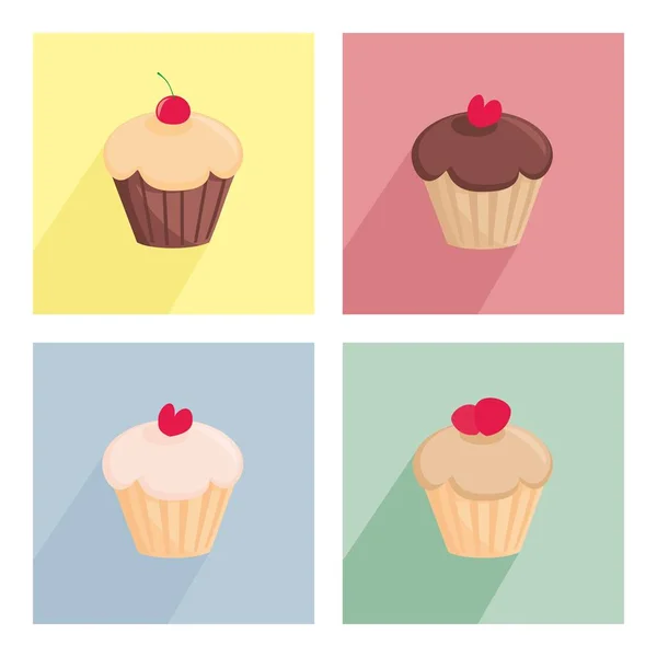 Dolce ciliegia vettore cupcake piatto icona impostato isolato su sfondo bianco — Vettoriale Stock
