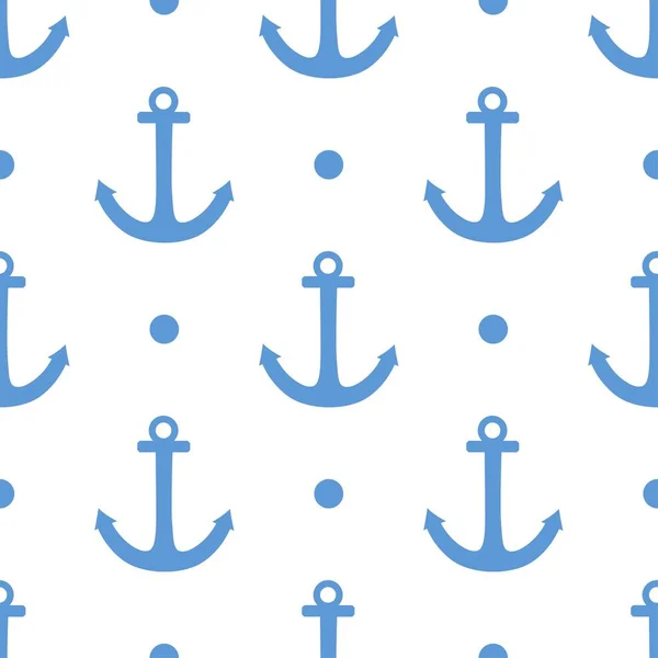 Tegel zeiler vector patroon met blauwe anker en polka stippen op witte achtergrond — Stockvector