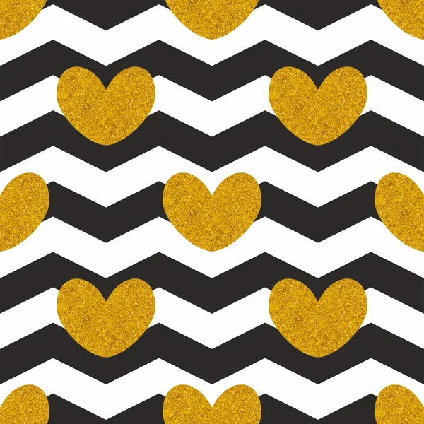 Patrón de vectores de azulejos con corazones dorados y fondo en zig zag blanco y negro — Archivo Imágenes Vectoriales