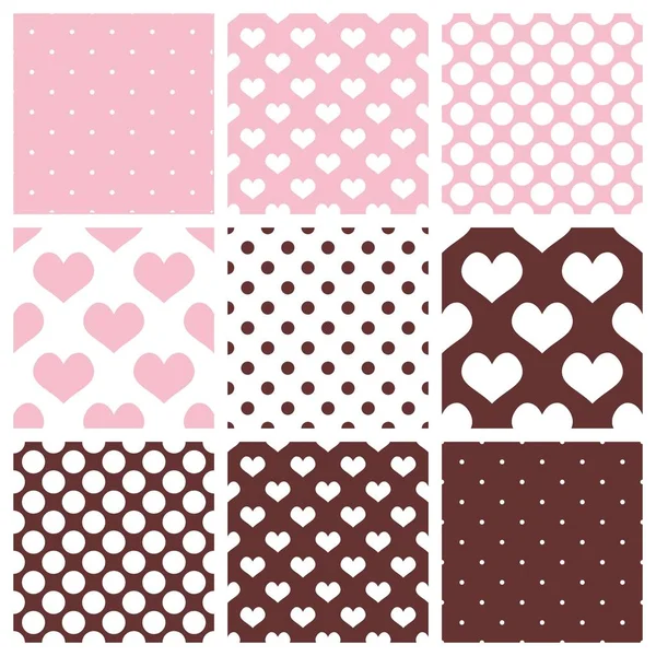 Χαριτωμένο ροζ, λευκό και καφέ πλακάκια διάνυσμα μοτίβο σετ με πουά και καρδιές σε παστέλ φόντο. — Διανυσματικό Αρχείο