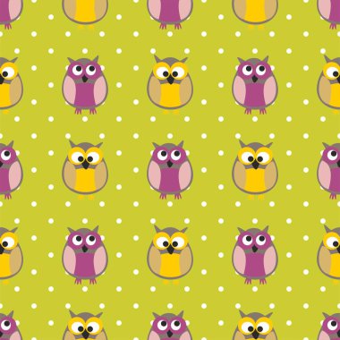 Baykuşlar ve lekeli yeşil zemin üzerine döşeme vektör deseni
