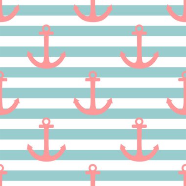 Denizci vektör desen nane mavi çizgili arka plan üzerinde pastel pembe çapa ile döşeme