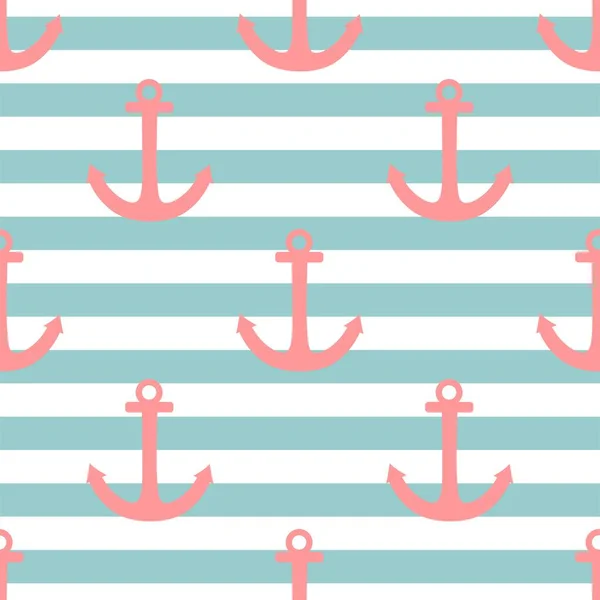 Kakel sjöman vektor mönster med pastellrosa ankare på mint blå ränder bakgrund — Stock vektor