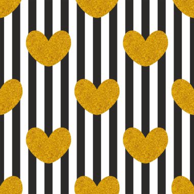 Siyah ve beyaz çizgili ve altın kalpler arka plan döşeme vektör deseni