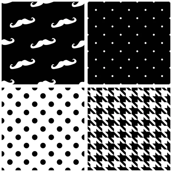 Azulejos patrón vectorial conjunto con puntos en blanco y negro, patrón houndstooth y colección de fondo bigote . — Vector de stock