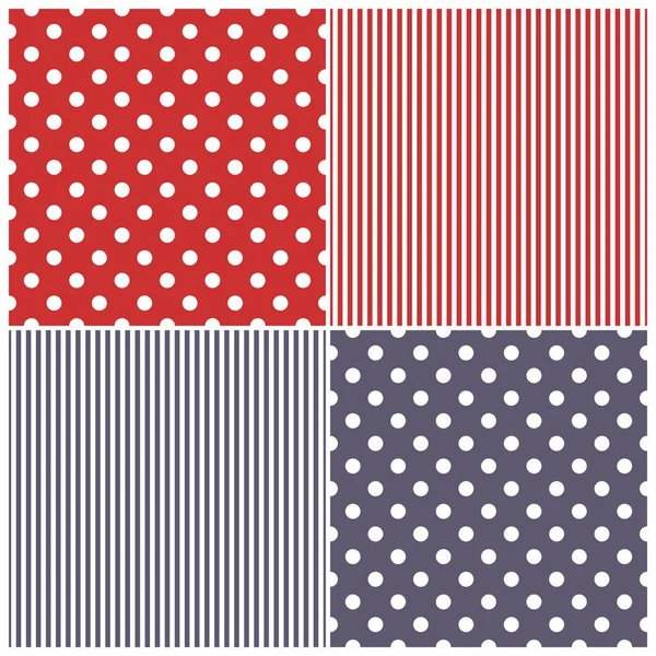 Tile vector pattern set with white polka dots and stripes on sailor navy blue and red background — Stock Vector