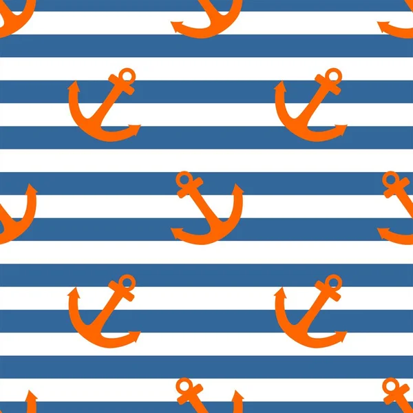 Patrón vector marinero azulejo con anclaje naranja sobre fondo rayas azul marino y blanco — Vector de stock