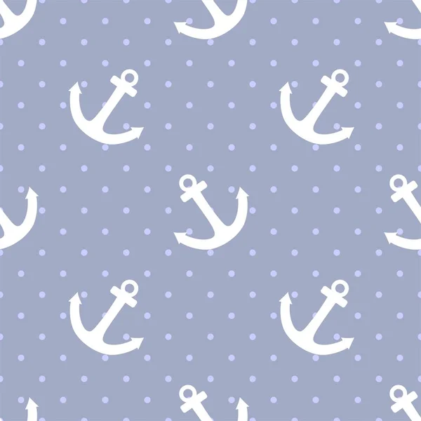 Kakel sjöman vektor mönster med vit ankare och prickar på pastell blå bakgrund — Stock vektor
