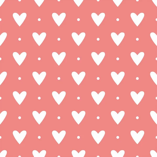 Tile cute vector pattern with white hearts on polka dots on pastel pink background — Stock Vector