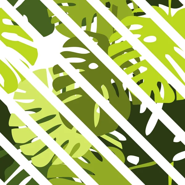 녹색 이국적인 잎 및 백색 줄무늬 배경 타일 열 대 벡터 패턴 — 스톡 벡터