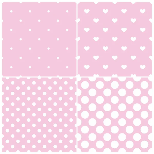 Schattig roze tegel vector patroon aangezet pastel achtergrond met witte polka-dots en harten — Stockvector