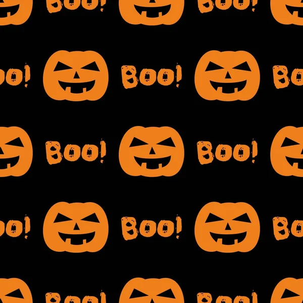 Patrón vectorial de baldosas de Halloween con calabazas y texto boo sobre fondo negro — Vector de stock