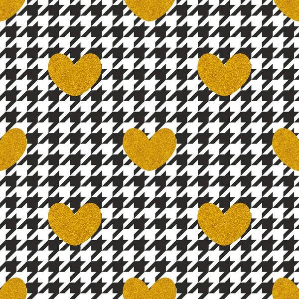Patrón de vectores de azulejos con corazones dorados y fondo houndstooth blanco y negro — Archivo Imágenes Vectoriales