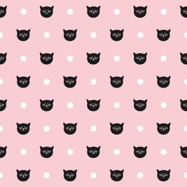 Kara kediler ve pembe bir arka plan üzerinde beyaz lekeli döşeme vektör deseni