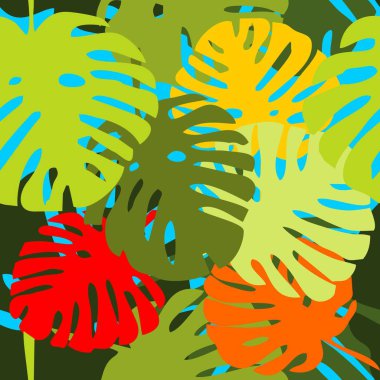 Mavi zemin üzerine yeşil egzotik döşeme tropikal vektör deseni bırakır