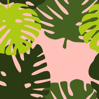 Yeşil egzotik döşeme tropikal vektör deseni, pembe arka plan bırakır