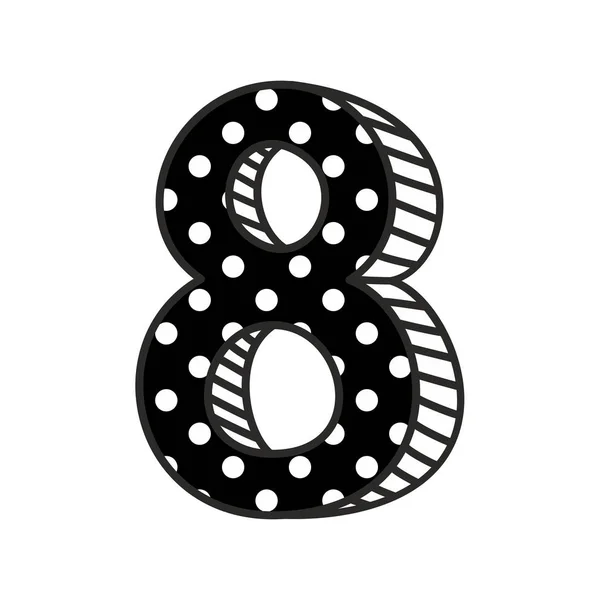 Hand getekende vector nummer 8 met witte polka stippen op zwart, geïsoleerd op witte achtergrond — Stockvector