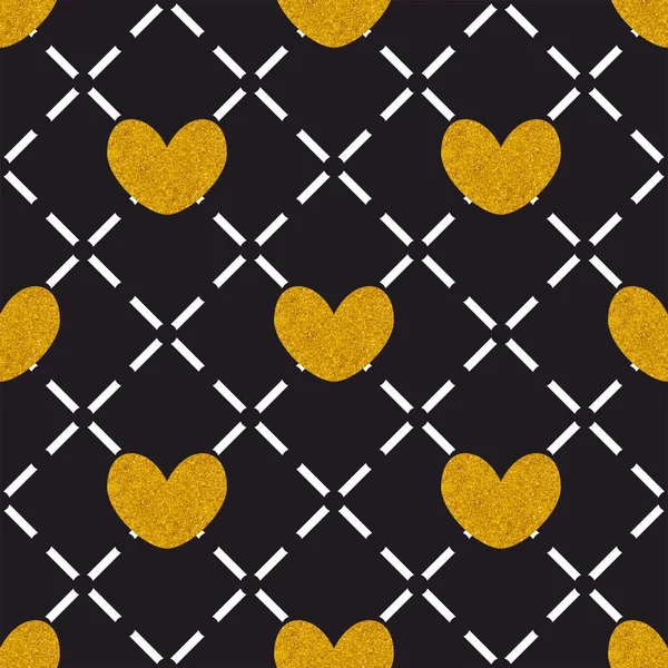 Tile quilted vector pattern with golden hearts on black background — Stock Vector