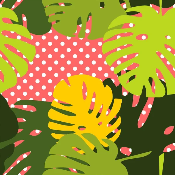 Telha padrão de vetor tropical com folhas exóticas em bolinhas fundo rosa — Vetor de Stock