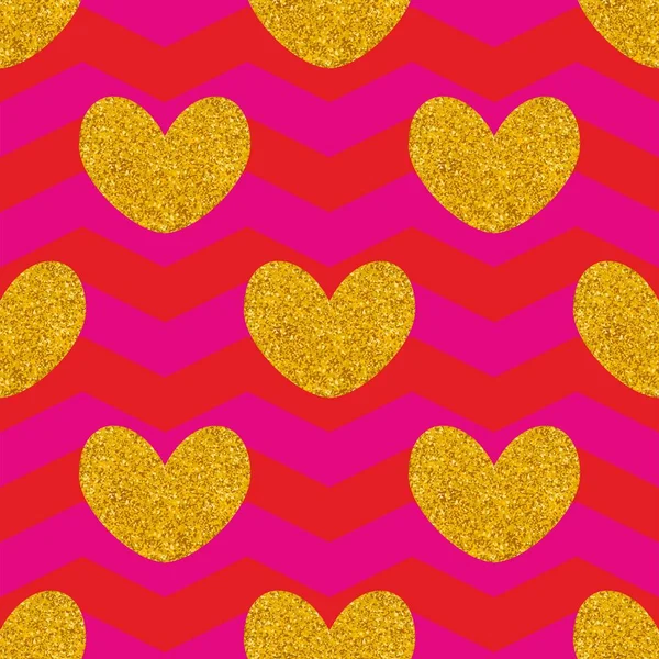 Patrón de vectores de azulejos con corazones dorados y fondo en zig zag rosa — Archivo Imágenes Vectoriales