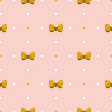 Puantiyeli pembe arka planda altın fiyonklu döşeme vektör deseni