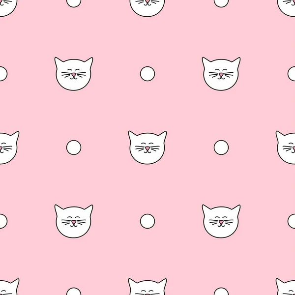 Tile vector pattern with cats and polka dots on pink background — Stock Vector