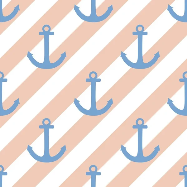 Kakel sjöman vektor mönster med blå ankaret och vita ränder på pastell bakgrund — Stock vektor