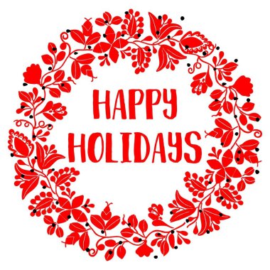 Beyaz arka plan üzerinde izole çelenk ile mutlu tatil kırmızı vektör kartı