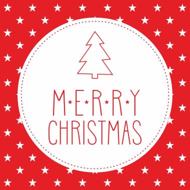 Noel ağacı ve el çizilmiş tatil vekil kartı Mutlu Noeller ve kırmızı arka planda beyaz yıldızlar
