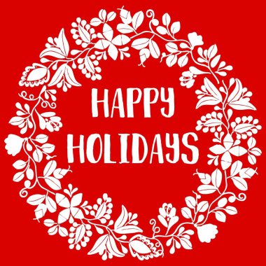 Mutlu tatil vektör kartı ile izole kırmızı zemin üzerine beyaz çelenk