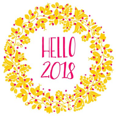Beyaz arka plan üzerinde izole 2018 yeni yıl sarı vektör çelenk