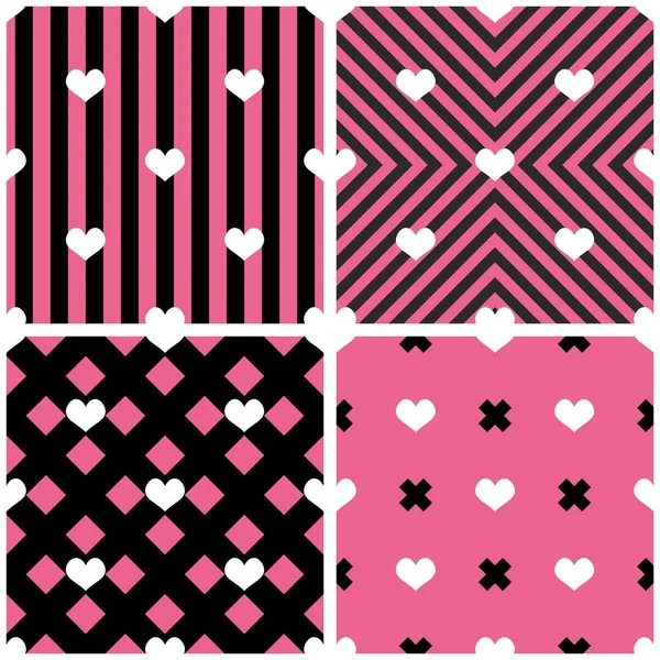 ピンクと黒の背景の心を持つタイルベクトルパターン — ストックベクタ