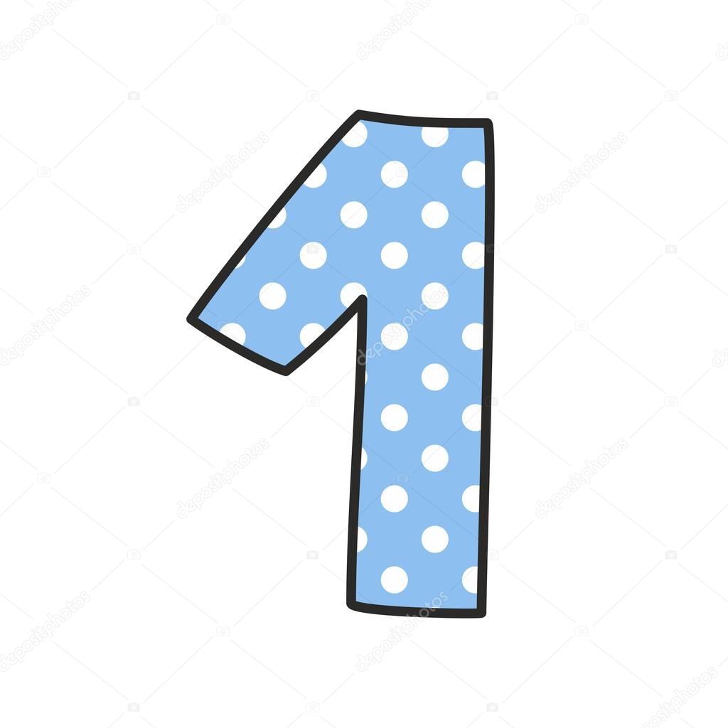 Hand drawn 1 vector number with polka dots on pastel blue isolated on white background