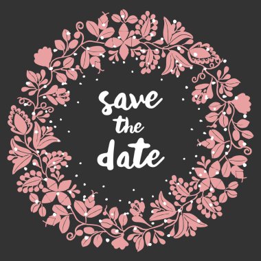 Tarihi bildirimi kartı ile pembe çelenk siyah arka plan üzerine kaydedin.