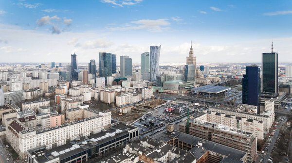 Aerial drone view from above of Warsaw city center skyline. Capital of Poland in Europe