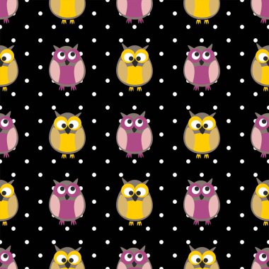 Baykuşlar ve siyah arka plan üzerine noktalar döşeme vektör deseni