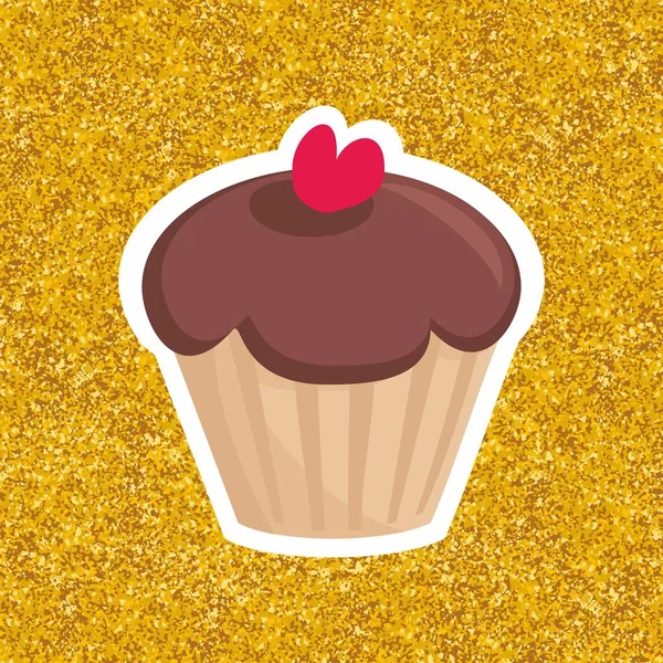 Cupcake Vecteur Chocolat Sucré Avec Coeur Rouge Sur Fond Doré — Image vectorielle