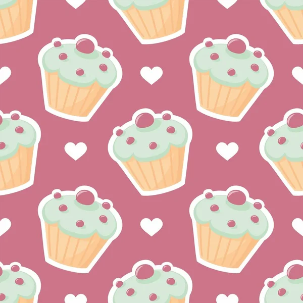 Patrón Vectores Azulejos Con Cupcake Corazones Blancos Sobre Fondo Rosa — Archivo Imágenes Vectoriales