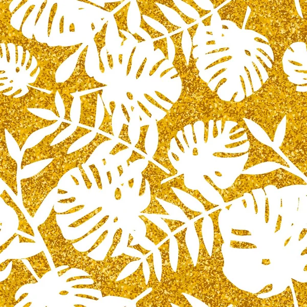 Fliese Tropischen Vektormuster Mit Weißen Exotischen Blättern Auf Goldenem Hintergrund — Stockvektor