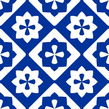 Vektör desen veya kesintisiz arka plan karo çivit mavi ve beyaz dekoratif zemin fayans