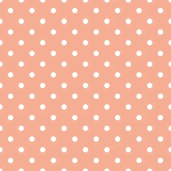 パステル カラーのコーラル オレンジ色の背景に白の水玉模様のベクトル パターンをタイルします — ストックベクタ