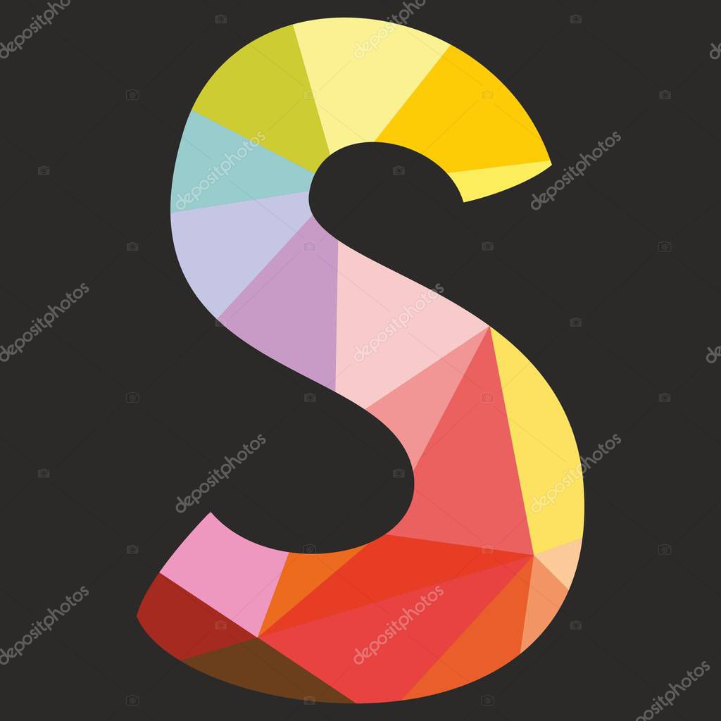 S vector low poly wrapping surface pastel colorful and white alphabet letter isolated on black background