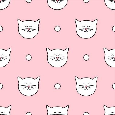 Beyaz kedi ve lekeli pembe bir arka plan üzerinde döşeme vektör deseni