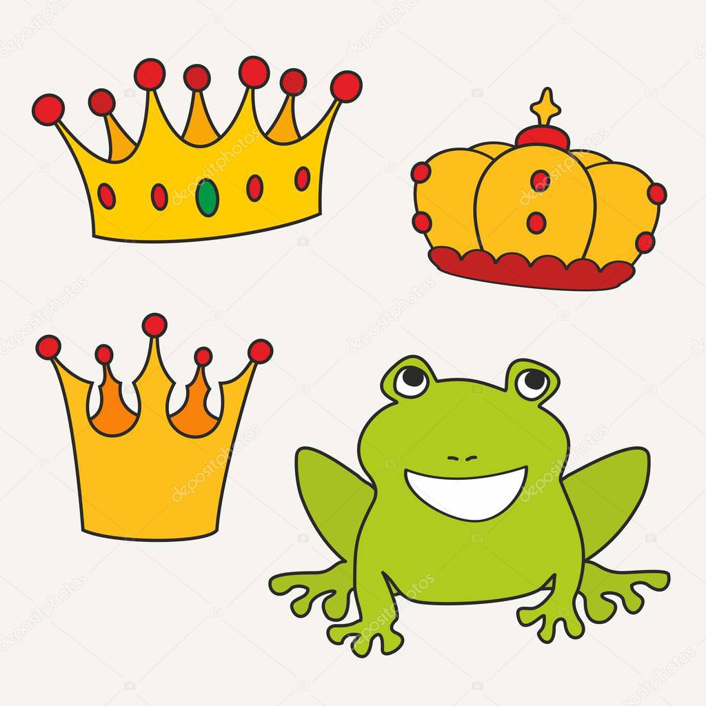 Prince or princess frog dreaming about crown. Vector illustration isolated on white background