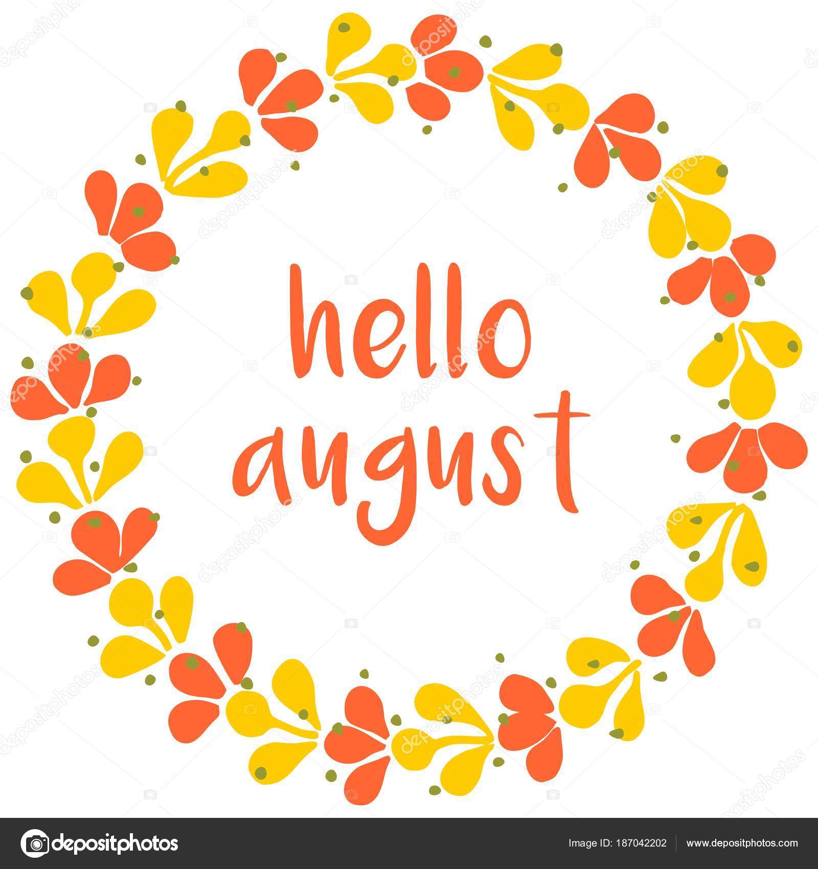 Hello August Wreath Sunny Yellow Green Vector Card ...