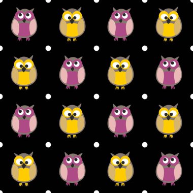 Baykuşlar ve siyah arka plan üzerine noktalar döşeme vektör deseni