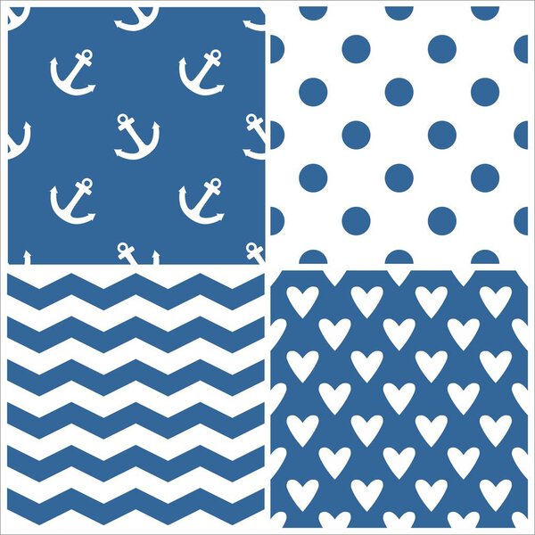 Tile sailor vector pattern set with polka dots, zig zag stripes and hearts on navy blue background