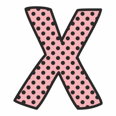 Pembe arka plan üzerinde beyaz izole üzerinde X alfabe vektör mektup ile siyah polka dots